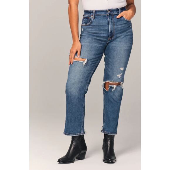 Abercrombie & Fitch Fitted Ultra High Rise Ankle Straight Distressed Denim Jeans - Picture 2 of 8